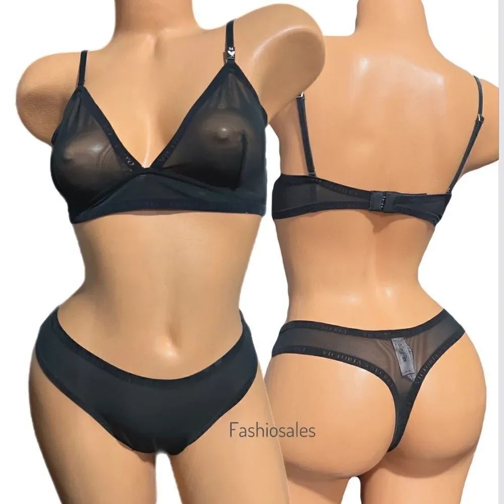 Victorias Secret Sexy Sheer Mesh wireless bralette bra & Thong Panty Set Black M